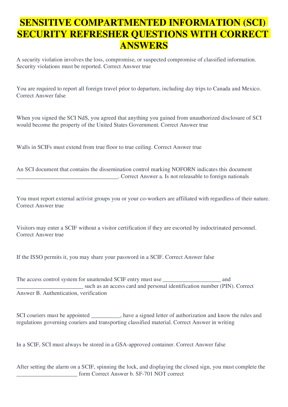 Preview image for SENSITIVE COMPARTMENTED INFORMATION (SCI) SECURITY REFRESHER QUESTIONS WITH CORRECT ANSWERS